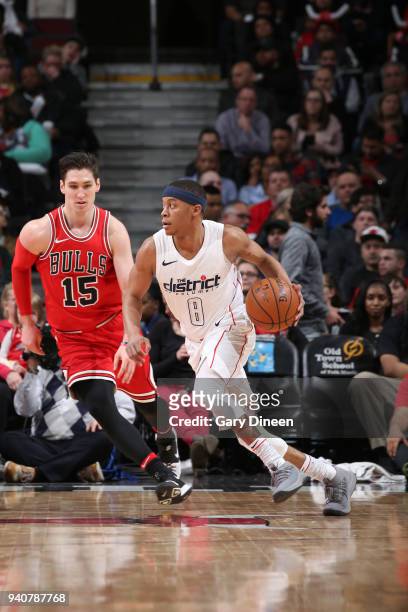 Tim Frazier of the Washington Wizards handles the ball against the Chicago Bulls on April 1, 2018 at the United Center in Chicago, Illinois. NOTE TO...
