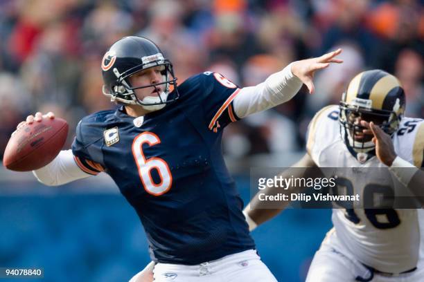 Jay Cutler of the Chicago Bears passes against the St. Louis Rams at Soldier Field on December 6, 2009 in Chicago, Illinois. The Bears beat the Rams...