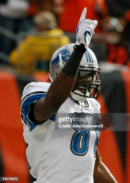 Calvin Johnson 0f the Detroit Lions celebrates his touchdown catch against the Cincinnati Bengals in their NFL game at Paul Brown Stadium December 6,...