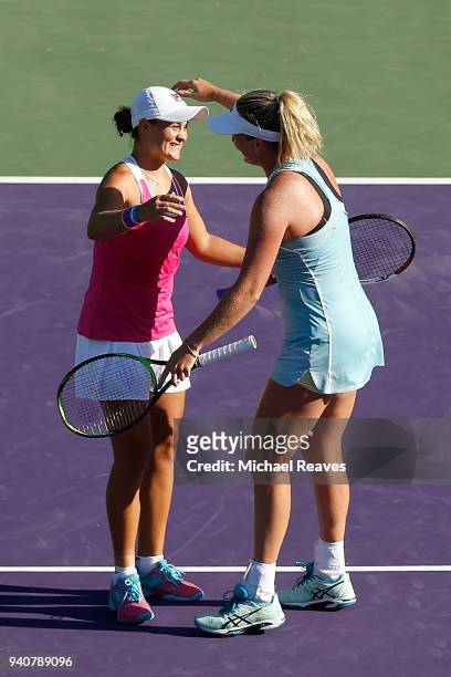 Ashleigh Barty of Australia and CoCo Vandeweghe of the United States celebrate after match point against Barbora Krejcikova and Katerina Siniakova of...