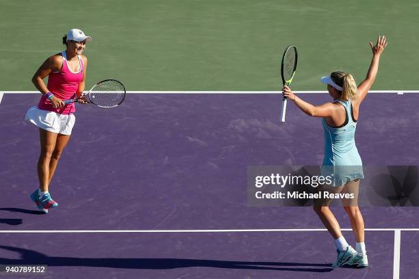 Ashleigh Barty of Australia and CoCo Vandeweghe of the United States celebrate match point against Barbora Krejcikova and Katerina Siniakova of the...