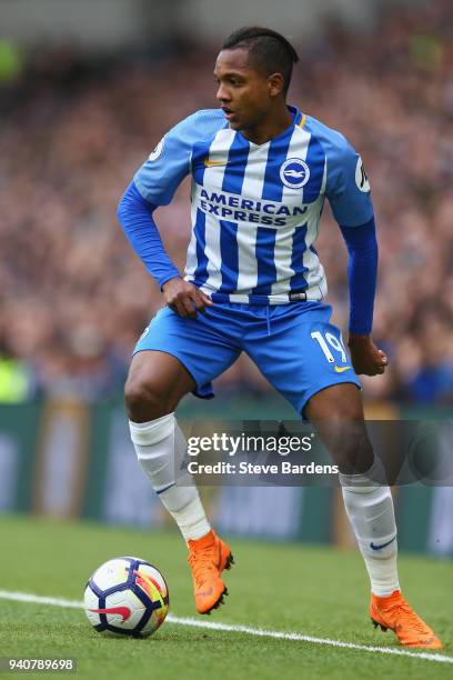 Jose Izquierdo of Brighton and Hove Albion in action during the Premier League match between Brighton and Hove Albion and Leicester City at Amex...