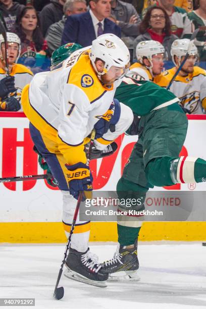 Yannick Weber of the Nashville Predators skates against the Minnesota Wild during the game at the Xcel Energy Center on March 24, 2018 in St. Paul,...