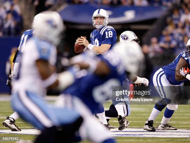 Peyton Manning of the Indianapolis Colts throws a pass during the NFL game against the Tennessee Titans at Lucas Oil Stadium on December 6, 2009 in...