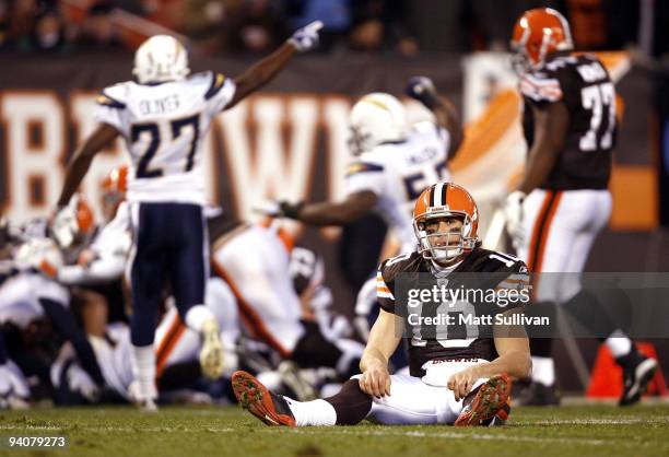 Brady Quinn of the Cleveland Browns reacts after fumbling against the San Diego Chargers at Cleveland Browns Stadium on December 6, 2009 in...