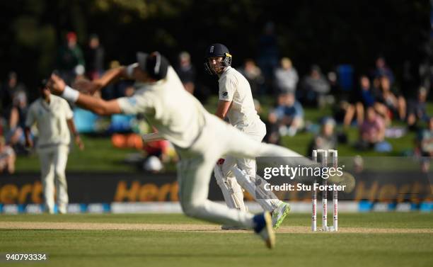 England batsman Mark Stoneman survives a diving attept in the slips from Tim Southee during day three of the Second Test Match between the New...