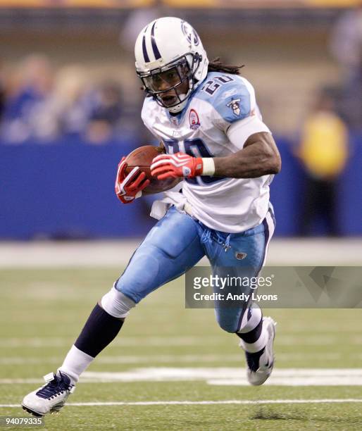 Chris Johnson of the Tennessee Titans runs with the ball during the NFL game against the Indianapolis Colts at Lucas Oil Stadium on December 6, 2009...