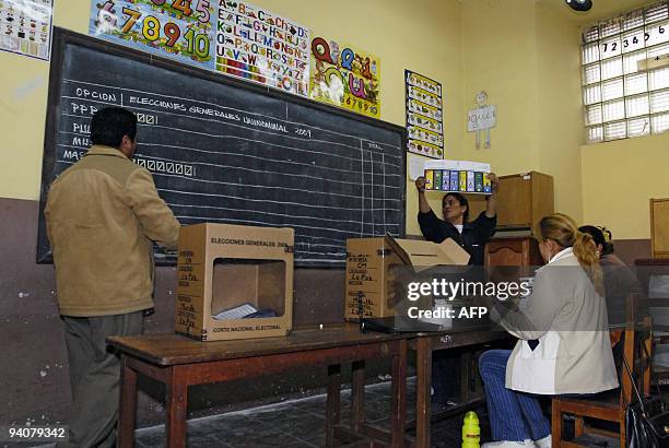 Bolivians count votes at Nuestra Senora de Copacabana school in La Paz on Diciembre 6, 2009 during presidential elections. Bolivian President Evo...