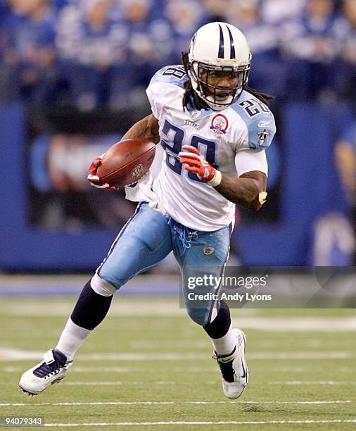 Chris Johnson of the Tennessee Titans runs with the ball during the NFL game against the Indianapolis Colts at Lucas Oil Stadium on December 6, 2009...