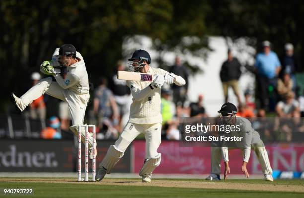 England batsman James Vince hits out watched by keeper BJ Watling during day three of the Second Test Match between the New Zealand Black Caps and...