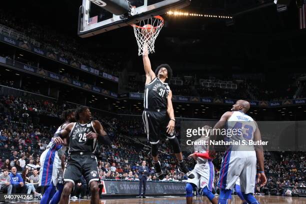 Jarrett Allen of the Brooklyn Nets handles the ball against the Detroit Pistons on April 1, 2018 at Barclays Center in Brooklyn, New York. NOTE TO...
