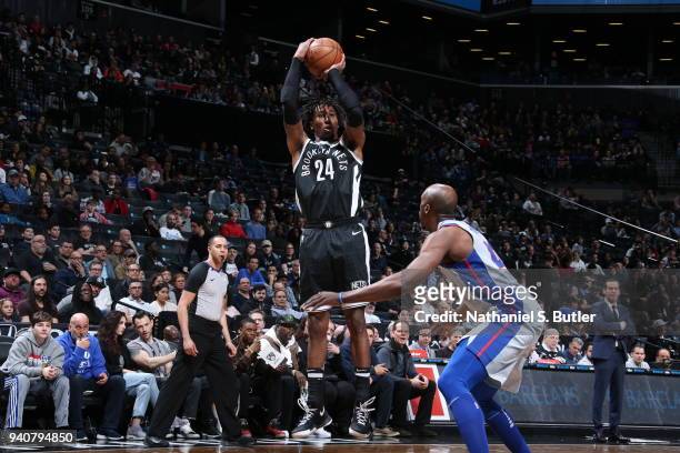 Rondae Hollis-Jefferson of the Brooklyn Nets shoots the ball against the Detroit Pistons on April 1, 2018 at Barclays Center in Brooklyn, New York....