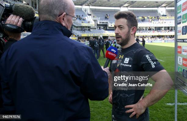 Greig Laidlaw of Clermont answers to Sky Sports following the European Rugby Champions Cup quarter-final match between ASM Clermont Auvergne and...