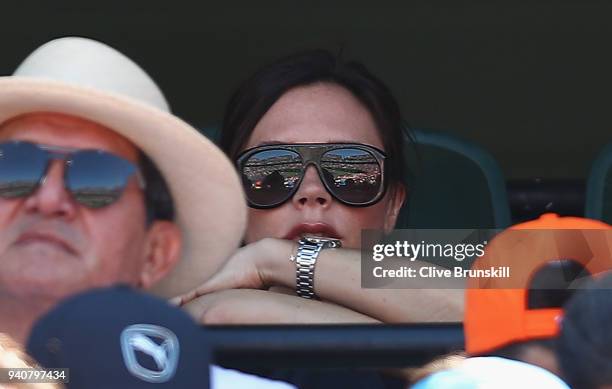 Victoria Beckham watches Alexander Zverev of Germany against John Isner of the United States in the mens final during the Miami Open Presented by...