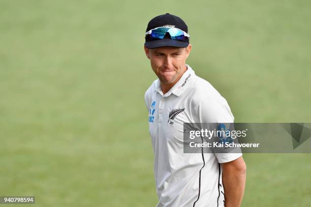 Trent Boult of New Zealand looks on during day four of the Second Test match between New Zealand and England at Hagley Oval on April 2, 2018 in...