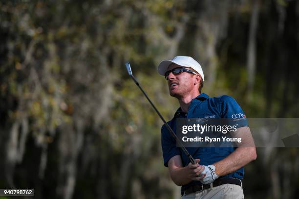 Roberto Castro plays his shot from the 17th tee during the final round of the Web.com Tour's Savannah Golf Championship at the Landings Club Deer...