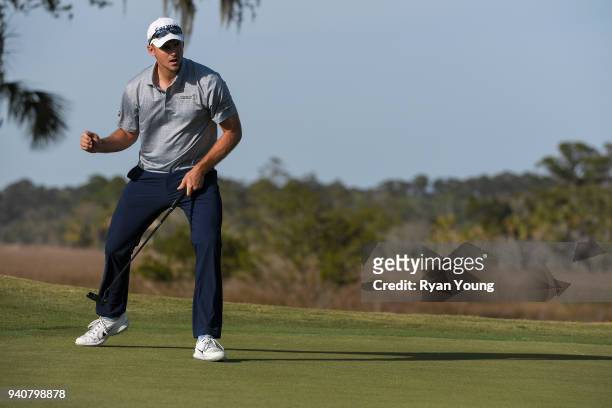 Justin Hueber reacts to almost making a putt on the 18th green during the final round of the Web.com Tour's Savannah Golf Championship at the...
