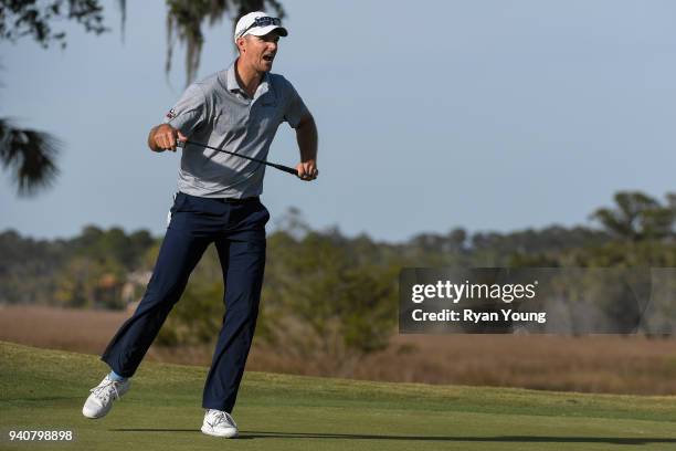 Justin Hueber reacts to almost making a putt on the 18th green during the final round of the Web.com Tour's Savannah Golf Championship at the...