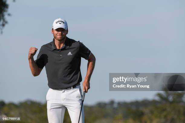 Sam Burns reacts after making his final putt during the final round of the Web.com Tour's Savannah Golf Championship at the Landings Club Deer Creek...