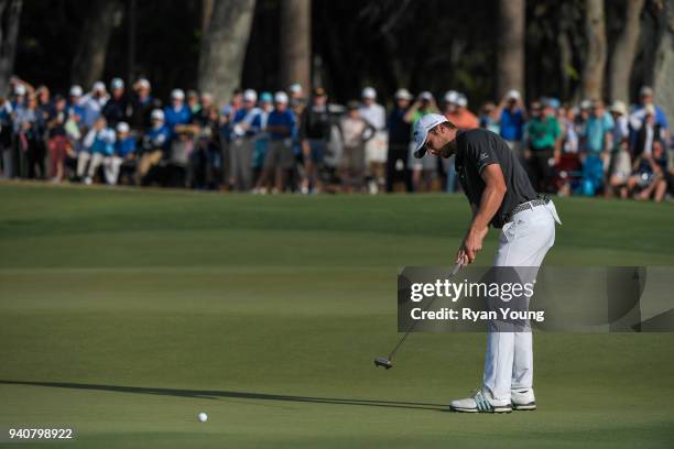 Sam Burns putts on the 18th green during the final round of the Web.com Tour's Savannah Golf Championship at the Landings Club Deer Creek Golf Course...