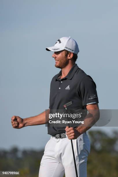 Sam Burns reacts after making his final putt during the final round of the Web.com Tour's Savannah Golf Championship at the Landings Club Deer Creek...