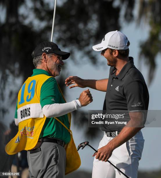 Sam Burns reacts after making his final putt during the final round of the Web.com Tour's Savannah Golf Championship at the Landings Club Deer Creek...