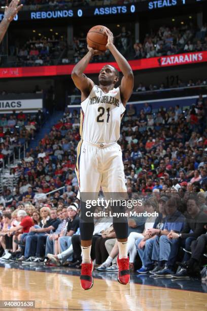 Darius Miller of the New Orleans Pelicans shoots the ball against the Oklahoma City Thunder on April 1, 2018 at Smoothie King Center in New Orleans,...