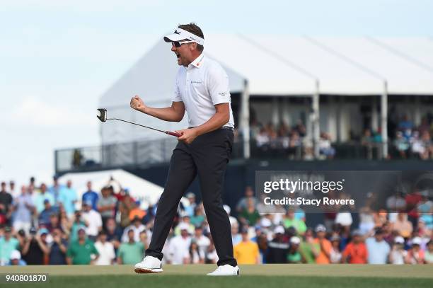 Ian Poulter of England reacts after winning the Houston Open at the Golf Club of Houston on the first playoff hole on April 1, 2018 in Humble, Texas.