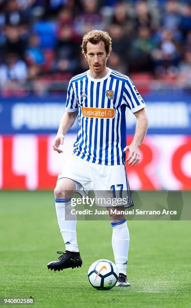 David Zurutuza of Real Sociedad controls the ball during the La Liga match between SD Eibar and Real Sociedad de Futbol at Estadio Municipal de...