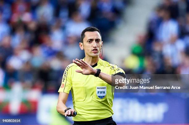Spanish referee Jose Maria Sanchez Martinez reacts during the La Liga match between SD Eibar and Real Sociedad de Futbol at Estadio Municipal de...