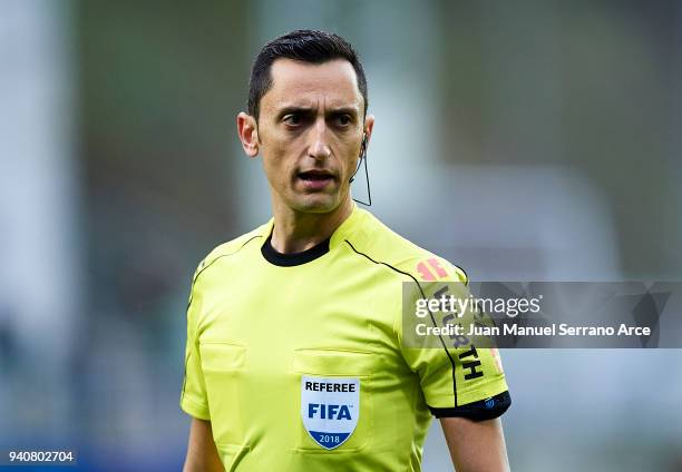 Spanish referee Jose Maria Sanchez Martinez reacts during the La Liga match between SD Eibar and Real Sociedad de Futbol at Estadio Municipal de...