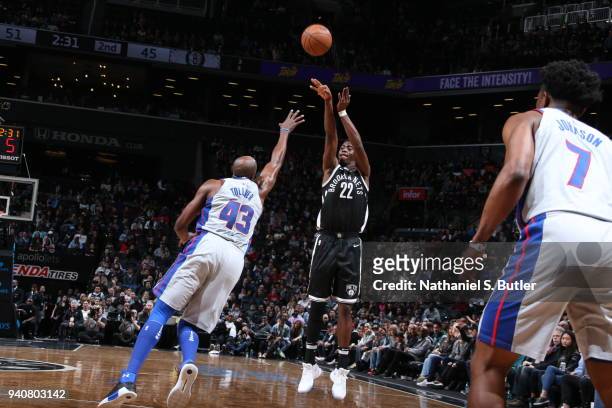 Caris LeVert of the Brooklyn Nets shoots the ball against the Detroit Pistons on April 1, 2018 at Barclays Center in Brooklyn, New York. NOTE TO...