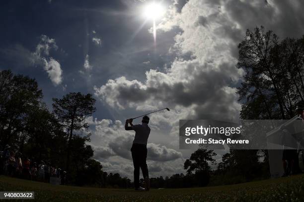 Ian Poulter of England hits his tee shot on the 10th hole during the final round of the Houston Open at the Golf Club of Houston on April 1, 2018 in...