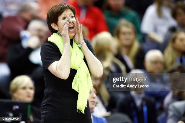 Head coach Muffet McGraw of the Notre Dame Fighting Irish reacts to her team against the Mississippi State Lady Bulldogs during the second quarter in...