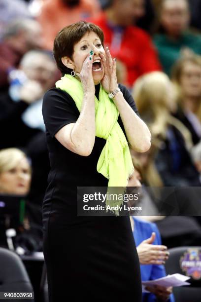 Head coach Muffet McGraw of the Notre Dame Fighting Irish reacts to her team against the Mississippi State Lady Bulldogs during the second quarter in...