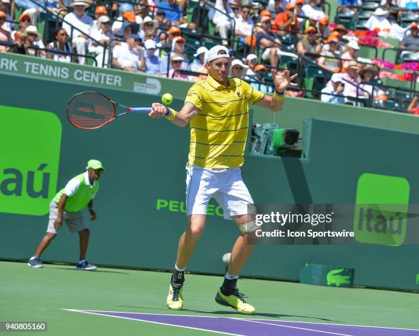 John Isner in action during the finals of the 2018 Miami Open held at the Tennis Center at Crandon Park on April 1, 2018 in Key Biscayne, FL.