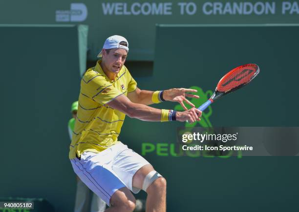 John Isner in action during the finals of the 2018 Miami Open held at the Tennis Center at Crandon Park on April 1, 2018 in Key Biscayne, FL.