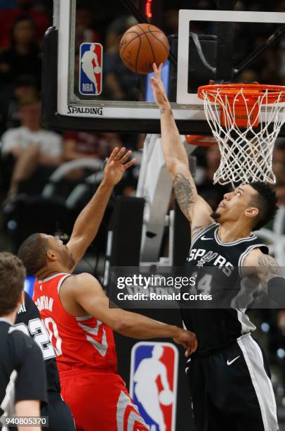 Danny Green of the San Antonio Spurs blocks shot of Eric Gordon of the Houston Rockets at AT&T Center on April 1 , 2018 in San Antonio, Texas. NOTE...