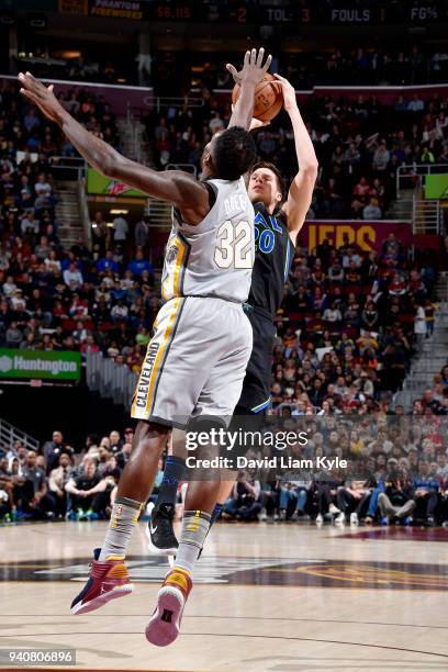 Doug McDermott of the Dallas Mavericks shoots the ball during the game against the Cleveland Cavaliers on April 1, 2018 at Quicken Loans Arena in...