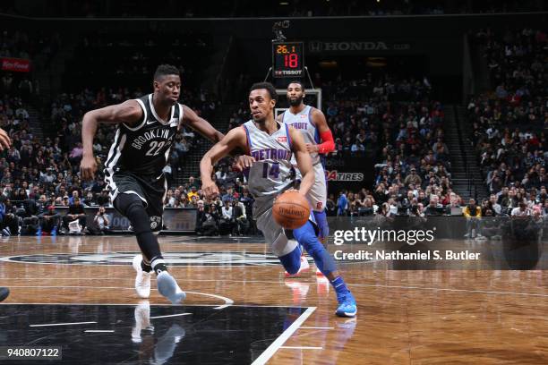 Ish Smith of the Detroit Pistons handles the ball against the Brooklyn Nets on April 1, 2018 at Barclays Center in Brooklyn, New York. NOTE TO USER:...