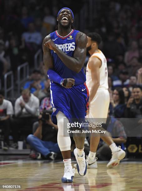Montrezl Harrell of the Los Angeles Clippers celebrates late in the second half after a dunk at Staples Center on April 1, 2018 in Los Angeles,...