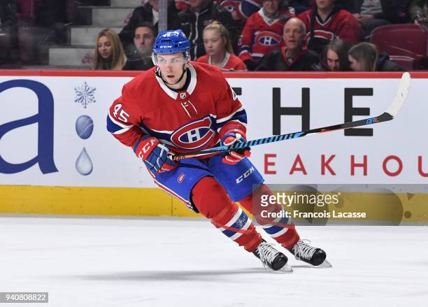 Kerby Rychel of the Montreal Canadiens skates for position against the New Jersey Devils in the NHL game at the Bell Centre on April 1, 2018 in...