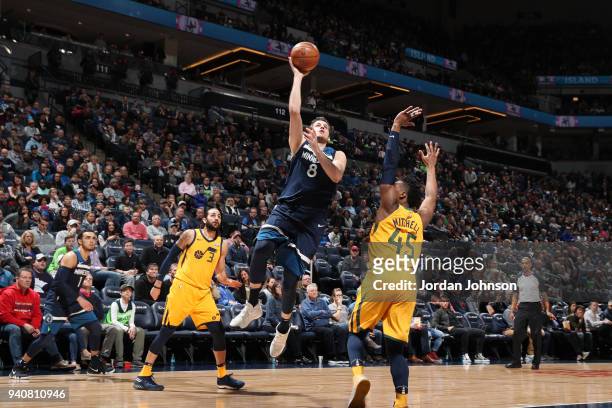 Nemanja Bjelica of the Minnesota Timberwolves goes to the basket against the Utah Jazz on April 1, 2018 at Target Center in Minneapolis, Minnesota....