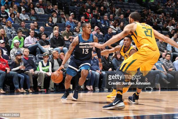 Marcus Georges-Hunt of the Minnesota Timberwolves handles the ball against the Utah Jazz on April 1, 2018 at Target Center in Minneapolis, Minnesota....