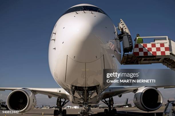 View of Airbus A350-900 arriving at Arturo Merino Benitez Airport, where it will be exhibited at the Air and Space Fair in Santiago on April 01,...