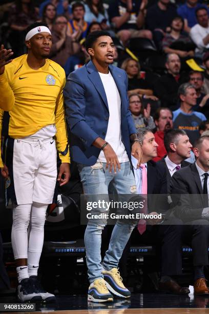 Gary Harris of the Denver Nuggets looks on courtside during the game against the Milwaukee Bucks on April 1, 2018 at the Pepsi Center in Denver,...