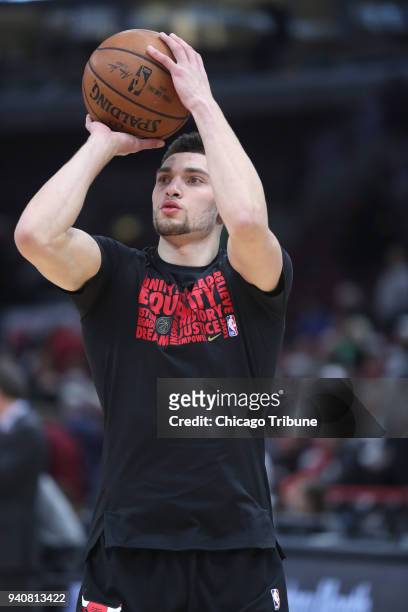 In this file photo from Friday, Feb. 9 Chicago Bulls guard Zach LaVine warms up before a game against the Minnesota Timberwolves at the United Center...