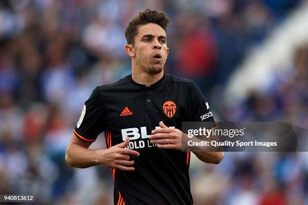 Gabriel Paulista of Valencia reacts during the La Liga match between Leganes and Valencia at Estadio Municipal de Butarque on April 1, 2018 in...