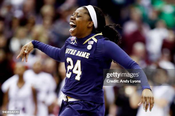 Arike Ogunbowale of the Notre Dame Fighting Irish celebrates after scoring the game winning basket with 0.1 seconds remaining in the fourth quarter...