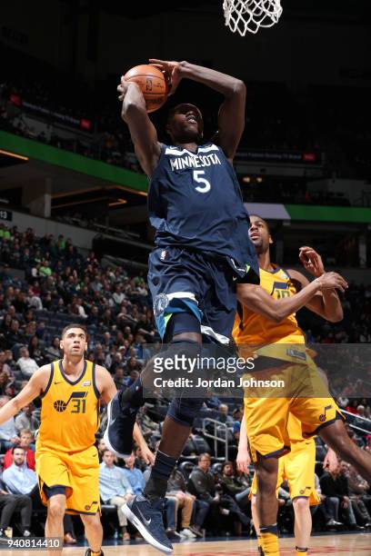Gorgui Dieng of the Minnesota Timberwolves goes to the basket against the Utah Jazz on April 1, 2018 at Target Center in Minneapolis, Minnesota. NOTE...
